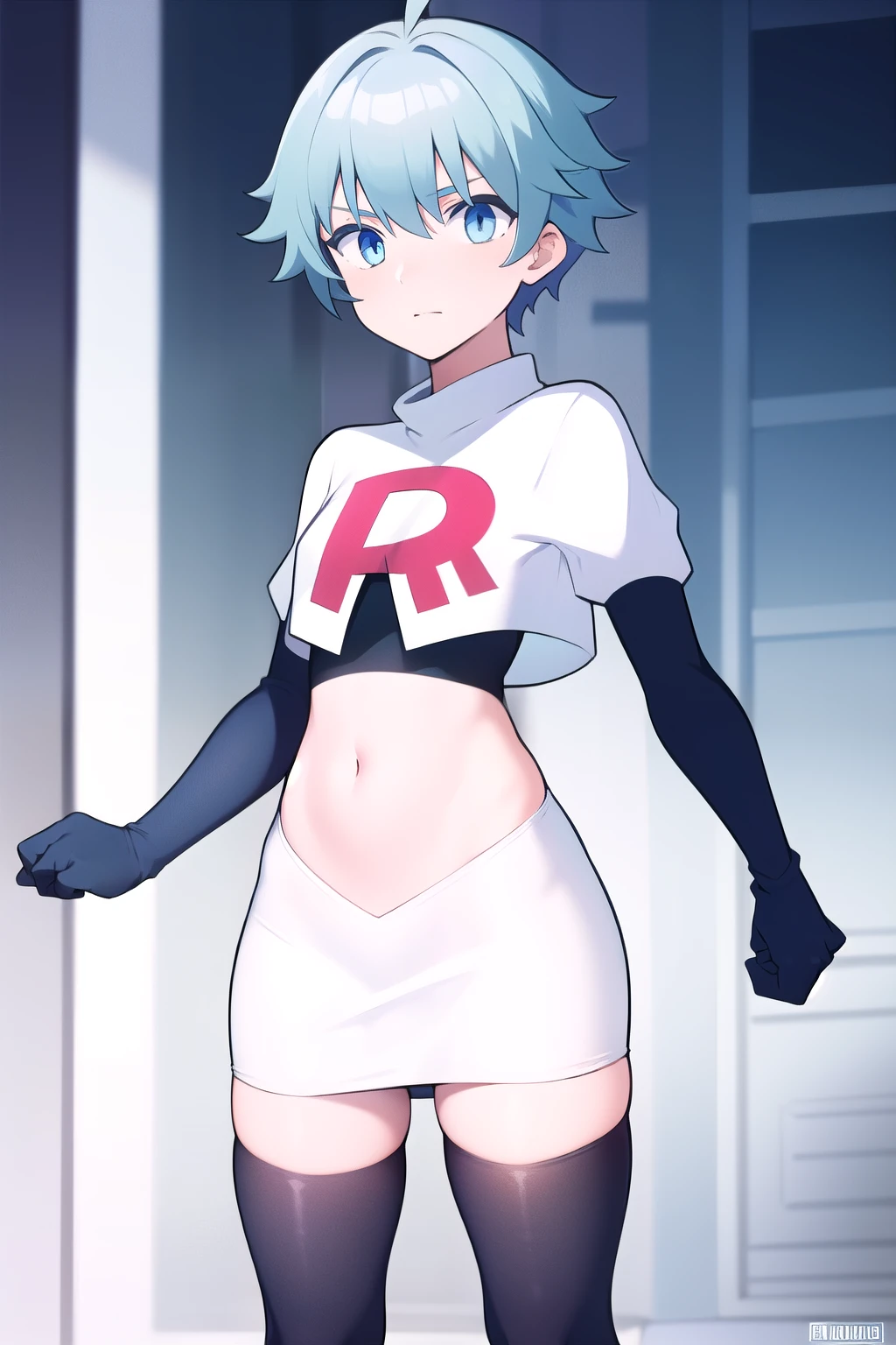 masterpiece, absurdres, male focus, trap, crossdressing,1boy,  chongyun,light blue hair, ahoge,blue eyes, team rocket,team rocket uniform,white skirt,red letter R,crop top,black thigh-highs,black elbow gloves