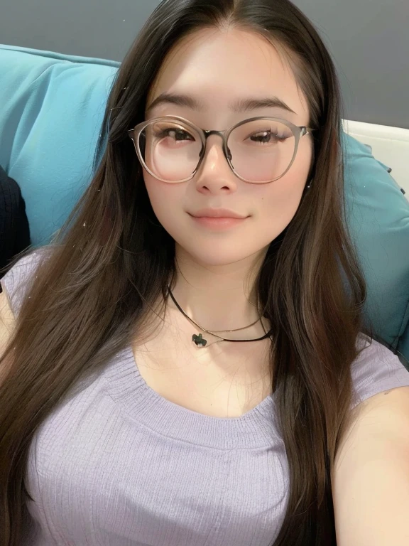 arafed woman wear glasses sitting on a couch with a necklace on, wear glasses, 2 , 28 years old, 29 years old, wear glasses的, 23 years old, wear glasses on, Wearing long, round glasses, 22 years old, 21 years old, Wearing small round glasses, 18 years old, wear glasses
