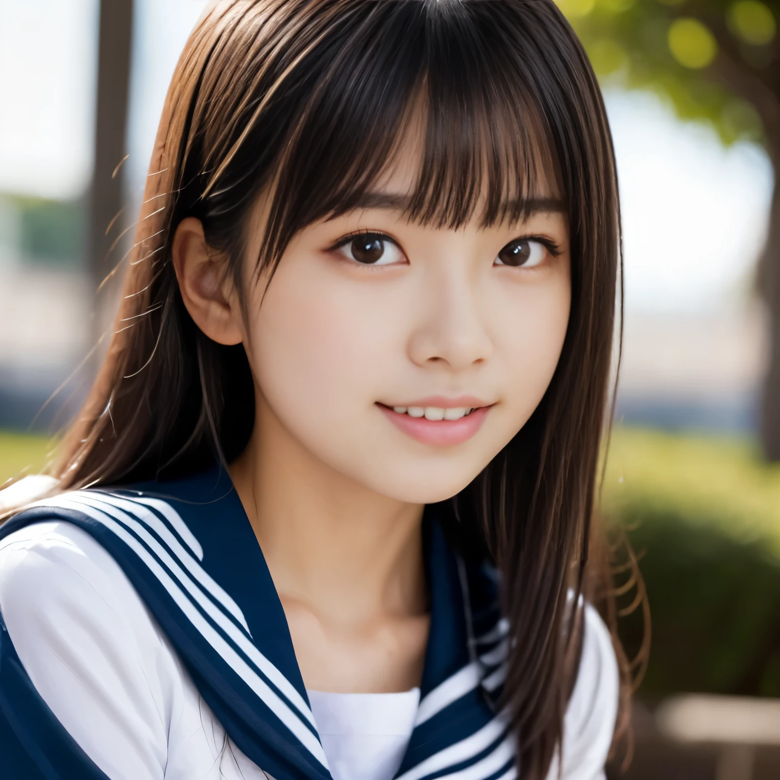  (masterpiece, highest quality:1.2), One girl, alone, 19 years old、Japanese girls、Beauty、(Beautiful Face、Cute face)、clear, Female student, Sailor ,　Black Hair、bangs,　Slim figure、Upper Body, portrait, Face close-up,