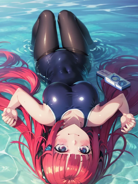 best quality, ultra-detailed masterpiece, anime art style, cute character, nino nakano, large breasts, blush, smile, one-piece swimsuit, pantyhose, upside down