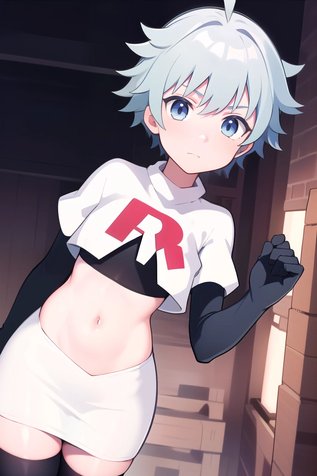 masterpiece, absurdres, male focus, trap, crossdressing,1boy,  chongyun,light blue hair, ahoge,blue eyes, team rocket,team rocket uniform,white skirt,red letter R,crop top,black thigh-highs,black elbow gloves