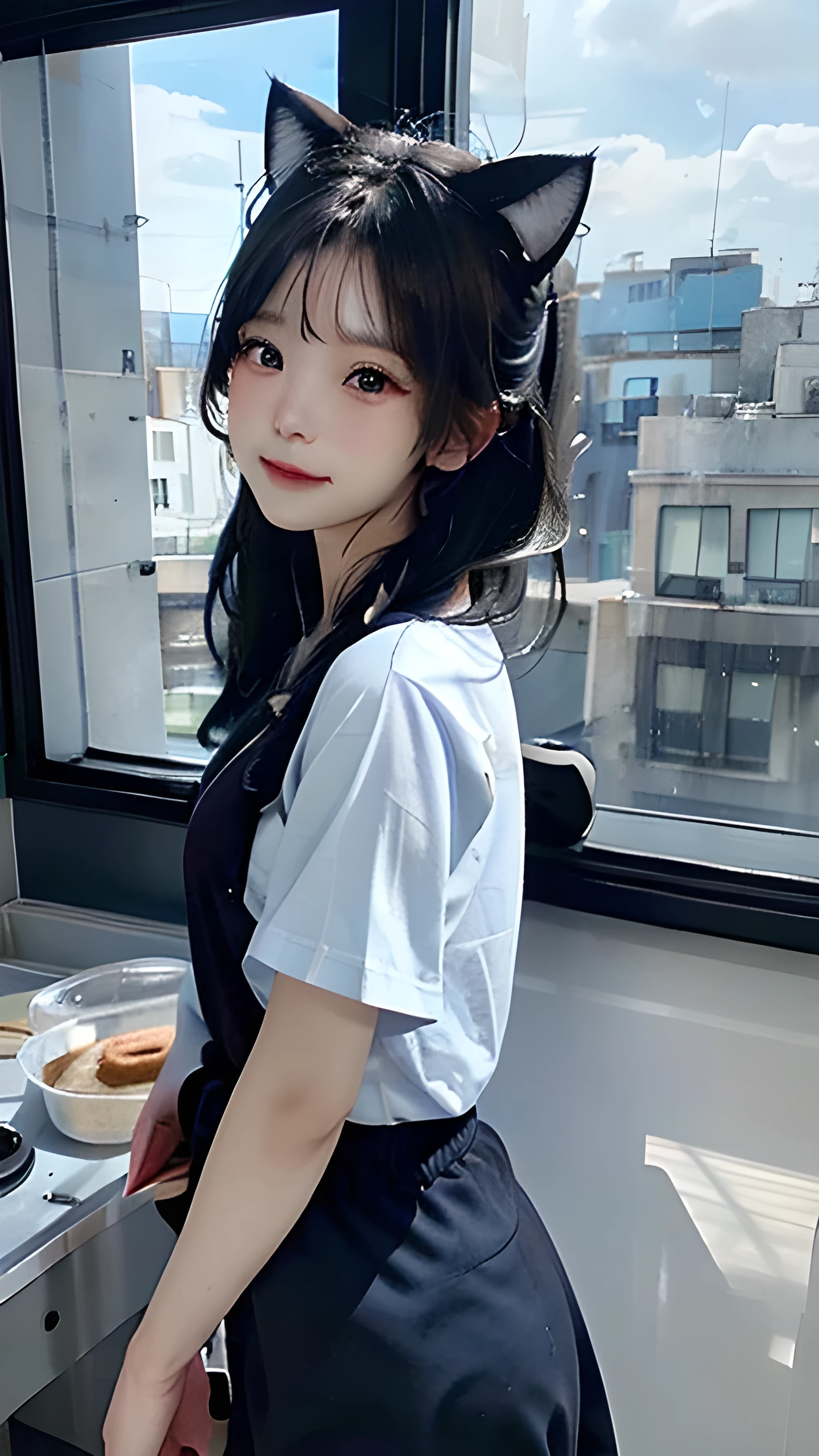 １People Girls、Cooking in the kitchen、The large windows offer a beautiful view of the blue sky and clouds.、Making udon、Looking back at the viewer、laughing、Large simple t-shirt、Long black hair、Cat ears on head、Not wearing pants