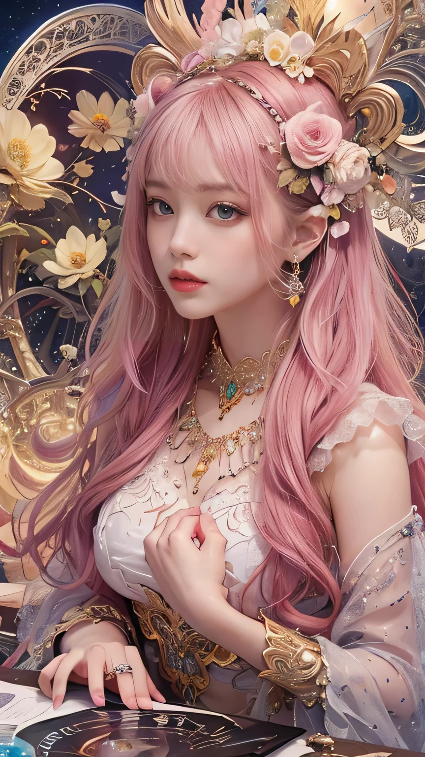 (Tabletop, highest quality, highest quality, Official Art, beautifully、aesthetic:1.2), (1 fantasy girl), Very detailed, Glamorous Jewelry, Long, shapeless hair, (Fractal Art:1.3),colorful,Highest detail.Express in the form of a heart、Heart shaped ornament、Use a lot of heart shapes、Use a lot of heart shapes in the background、Use a lot of pink、Use a lot of flowers