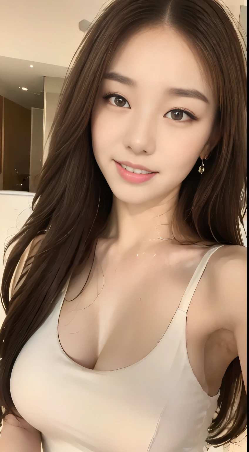 ((highest quality、8k、masterpiece:1.3)),One Girl,Slender beauty:1.3,(Long-haired),Oversized tank top:1.2,Very delicate face,Delicate eyes,double eyelid,A very affectionate smile:1.2,Home,Big Breasts:1.2