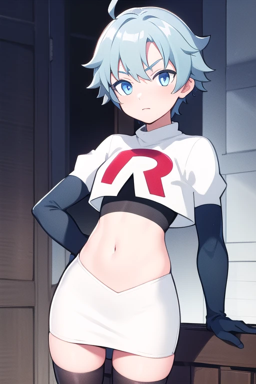 masterpiece, absurdres, male focus, trap, crossdressing,1boy,  chongyun,light blue hair, ahoge,blue eyes, team rocket,team rocket uniform,white skirt,red letter R,crop top,black thigh-highs,black elbow gloves