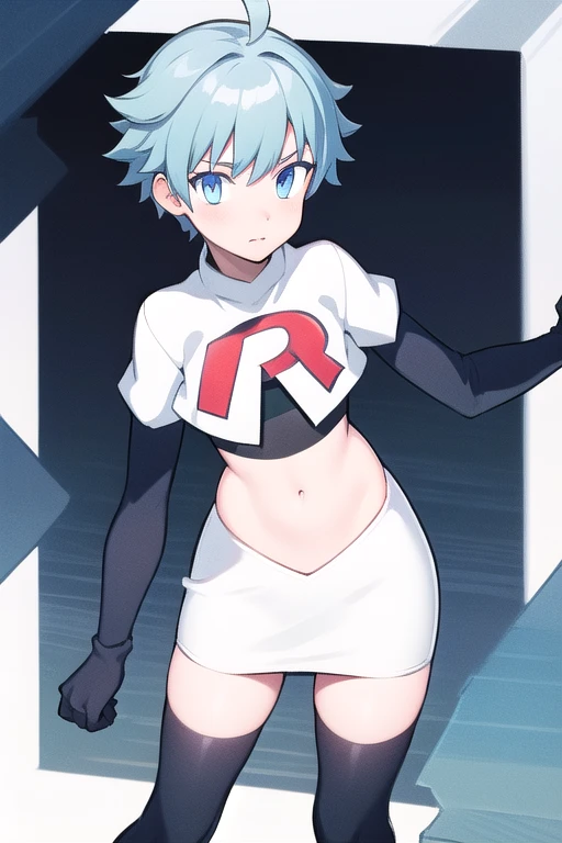 masterpiece, absurdres, male focus, trap, crossdressing,1boy,  chongyun,light blue hair, ahoge,blue eyes, team rocket,team rocket uniform,white skirt,red letter R,crop top,black thigh-highs,black elbow gloves