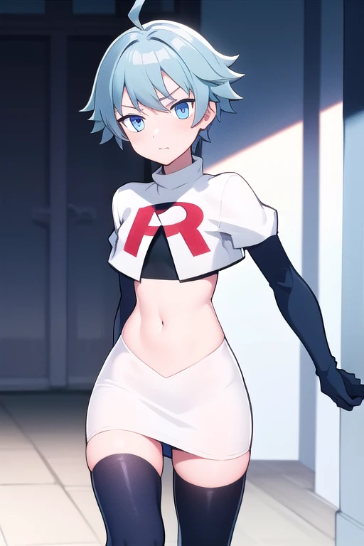 masterpiece, absurdres, male focus, trap, crossdressing,1boy,  chongyun,light blue hair, ahoge,blue eyes, team rocket,team rocket uniform,white skirt,red letter R,crop top,black thigh-highs,black elbow gloves