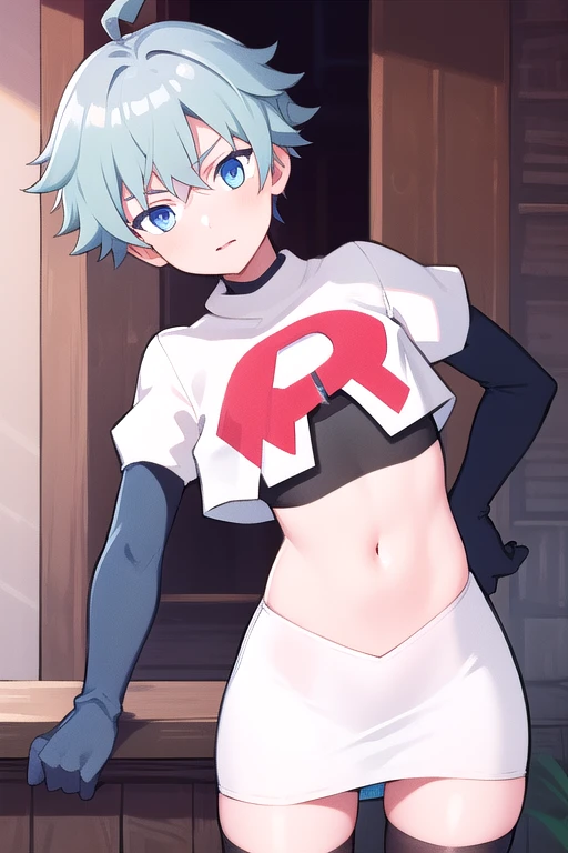 masterpiece, absurdres, male focus, trap, crossdressing,1boy,  chongyun,light blue hair, ahoge,blue eyes, team rocket,team rocket uniform,white skirt,red letter R,crop top,black thigh-highs,black elbow gloves