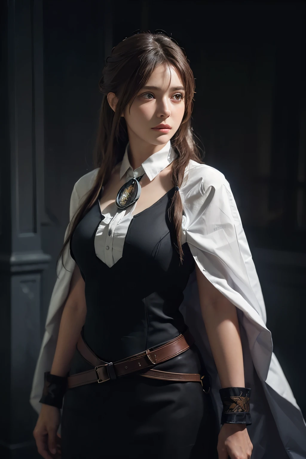 (front focus), (in the dark:1.6), Hyperrealist portrait of female by david hockney and alphonse mucha, fantasy art, photo realistic, dynamic lighting, artstation, poster, volumetric lighting, very detailed faces, 4 k, award winning, 1girl, in the dark, deep shadow, low key, cowboy shot, (official clothing:1.4), long hair, white hair
