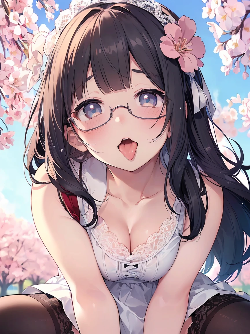 Very detailed, highest quality, High resolution, Moe Anime, ((A cute elementary school girl with black hair and droopy eyes)), ((Wearing large round glasses:1.4)), (Baby Face), Cute eyes, Detailed eye depiction, Sparkle in the eyes, View your viewers, Dark eye color, Pale skin, (Big eyes:1.4, Droopy eyes:1.4, Fatty face:1.4), smile, Focus on the face, In the park with cherry blossoms falling, Sitting, (Extreme close up of tongue), (((From below))), Open your mouth, (((Face only:1.3))), ((white lace sleeveless dress:1.2)), Bright Eyes, Light from the front, (Put your hands between your legs:1.4), large and long tongue, Cleavage