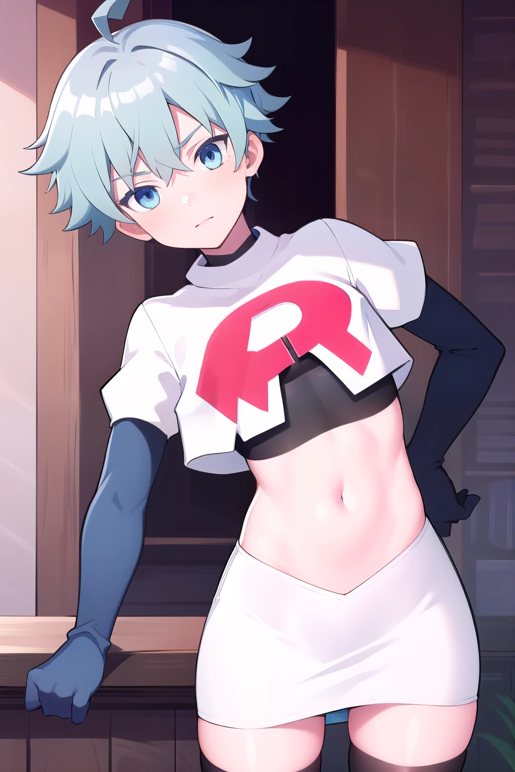 masterpiece, absurdres, male focus, trap, crossdressing,1boy,  chongyun,light blue hair, ahoge,blue eyes, team rocket,team rocket uniform,white skirt,red letter R,crop top,black thigh-highs,black elbow gloves