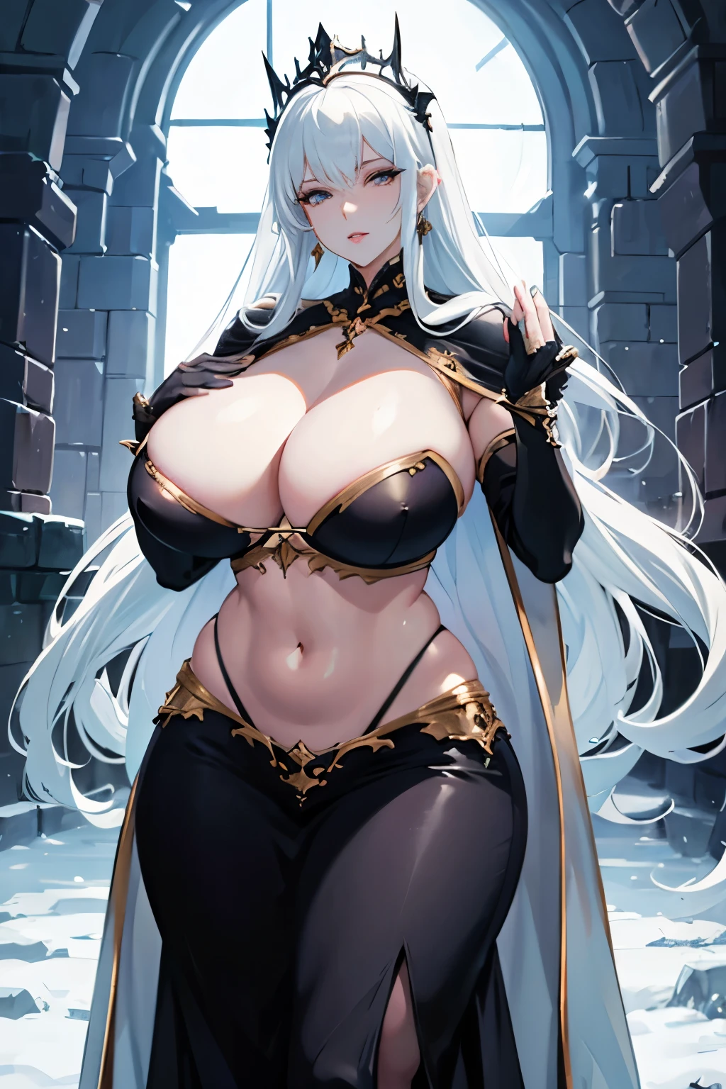 Snow Queen, 1 woman wearing full bodystocking, necromancer, raven, MILF, (very large breast), milf, (mature female), gloves, earrings, navel focus, capes, Elegant body, curvaceous but thin, the woman have beautiful detailed eyes, detailed textures, otherworldly ruins, fantasy, RPG, Dark atmosphere, extreme shading, masterpiece, best quality, milf, mature female, milfication