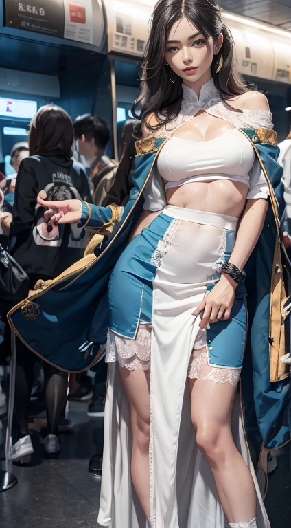 Girl girl wearing sexy lingerie and cape, full body xianxia, Put on your hat, Denim outerwear, Transparent gold and white underwear，Transparent clothes，High-cut bra，Huge breasts， guweiz masterpiece, wearing white boots，holding handbag, Rich details throughout the fuselage