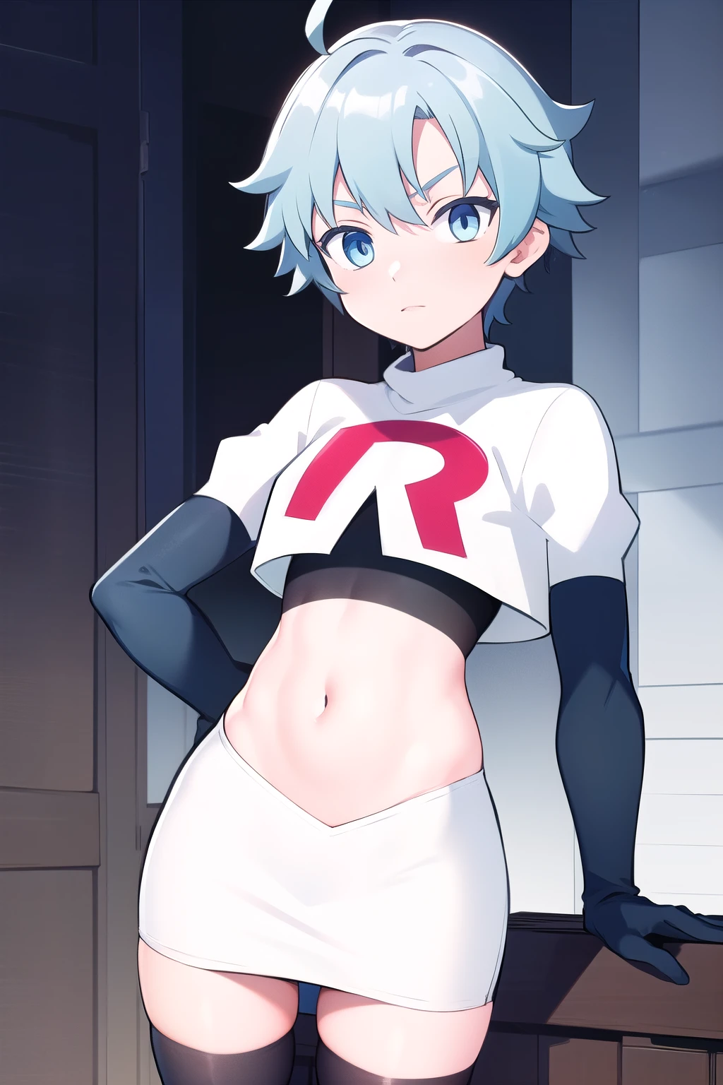 masterpiece, absurdres, male focus, trap, crossdressing,1boy,  chongyun,light blue hair, ahoge,blue eyes, team rocket,team rocket uniform,white skirt,red letter R,crop top,black thigh-highs,black elbow gloves