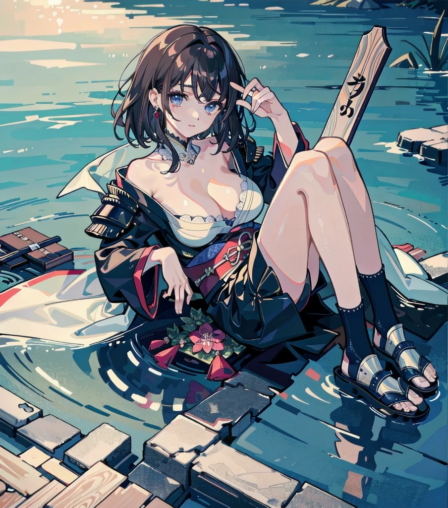 masterpiece, best quality, extremely delicate and beautiful, ultra-detailed, high-resolution, 20 years old, detailed beautiful face, tearful mole, earring, very huge round breasts, short medium hair, wavy hair, wet clothes, full body shot, alone, (assassin), kimono, (armor),