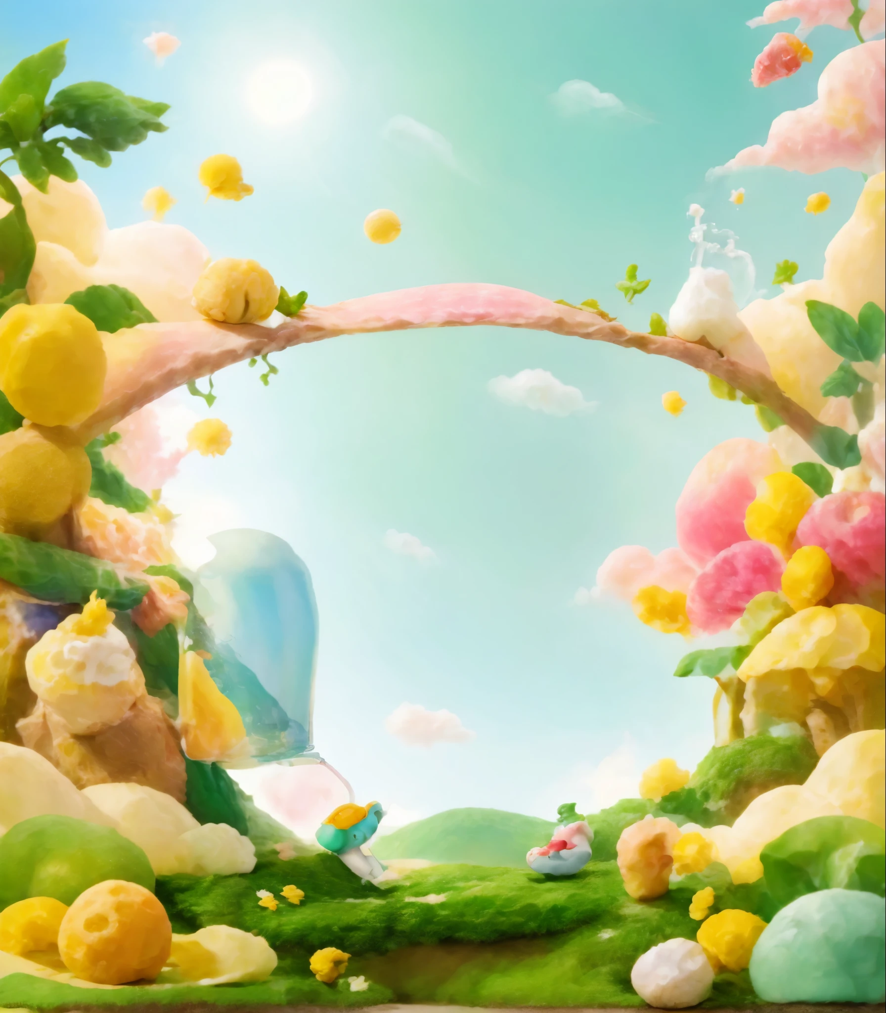 milk tea advertisement,sharing and fun,the microscopic villain is playing and drinking milk tea,half-side profile facing right,fantasy setting,whimsical,real fruit elements,milk tea shop,clouds,sun,highres,c4d,dark green,yellowgreen,mediumaquamarine,realistic,reality,