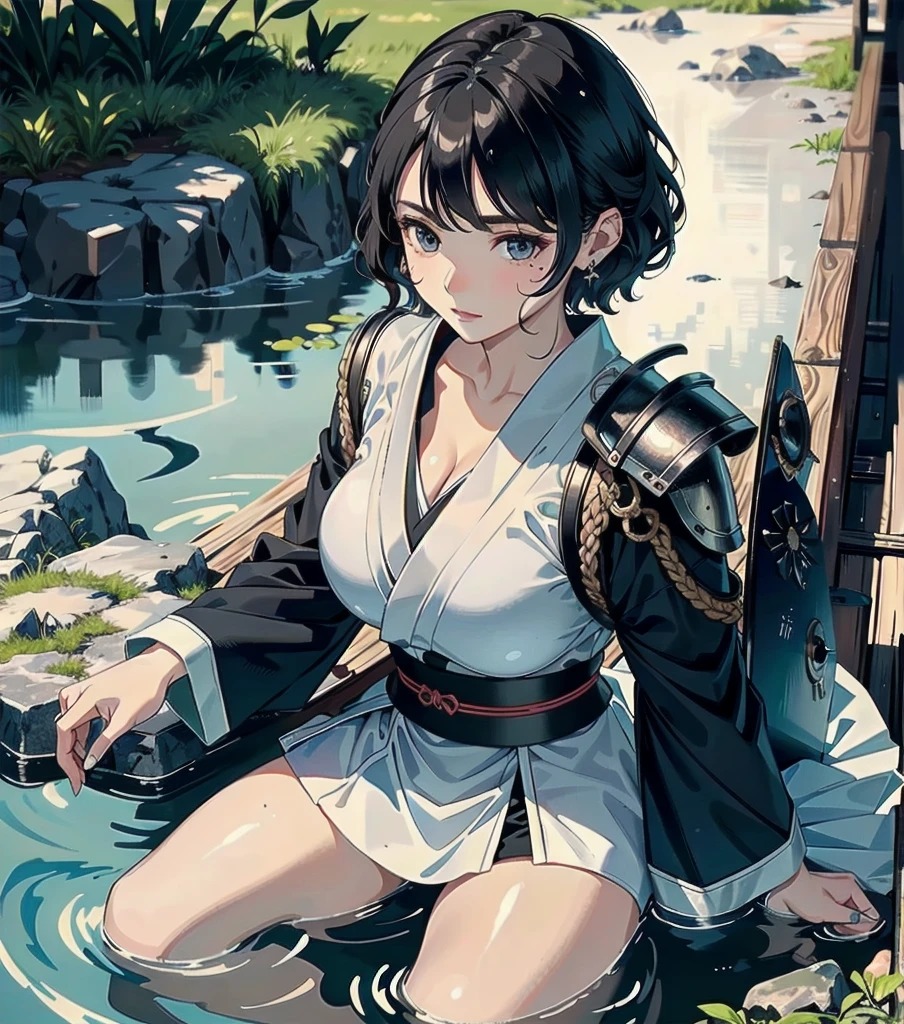 masterpiece, best quality, extremely delicate and beautiful, ultra-detailed, high-resolution, 20 years old, detailed beautiful face, tearful mole, earring, very huge round breasts, short medium hair, wavy hair, wet clothes, full body shot, alone, (assassin), kimono, (armor),