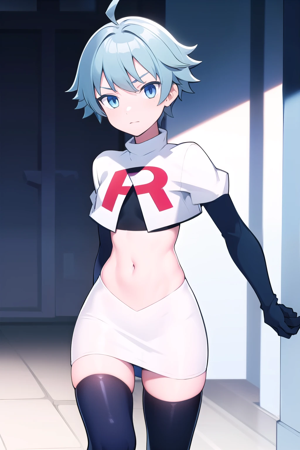 masterpiece, absurdres, male focus, trap, crossdressing,1boy,  chongyun,light blue hair, ahoge,blue eyes, team rocket,team rocket uniform,white skirt,red letter R,crop top,black thigh-highs,black elbow gloves