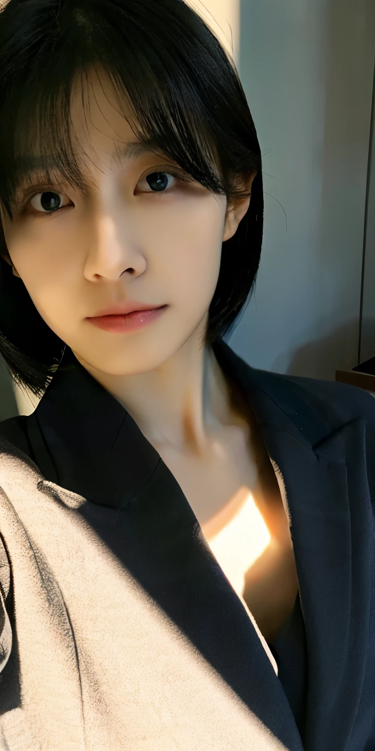 hong kong office lady in office, suit coat, closeup selfie, slim, tired, beautiful face, black straight hair, soft lighting, hyper realistic, beautiful body, soft lighting, realistic skin, closeup