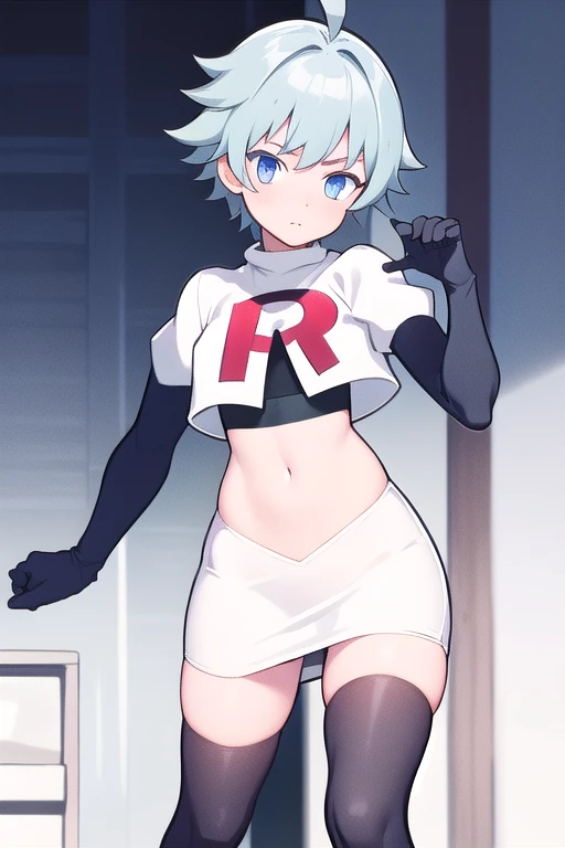 masterpiece, absurdres, male focus, trap, crossdressing,1boy,  chongyun,light blue hair, ahoge,blue eyes, team rocket,team rocket uniform,white skirt,red letter R,crop top,black thigh-highs,black elbow gloves