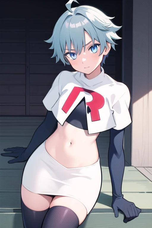 masterpiece, absurdres, male focus, trap, crossdressing,1boy,  chongyun,light blue hair, ahoge,blue eyes, team rocket,team rocket uniform,white skirt,red letter R,crop top,black thigh-highs,black elbow gloves