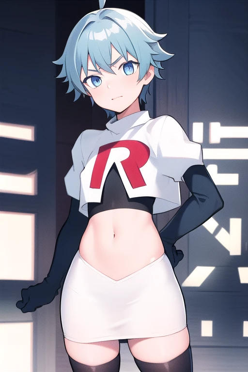 masterpiece, absurdres, male focus, trap, crossdressing,1boy,  chongyun,light blue hair, ahoge,blue eyes, team rocket,team rocket uniform,white skirt,red letter R,crop top,black thigh-highs,black elbow gloves