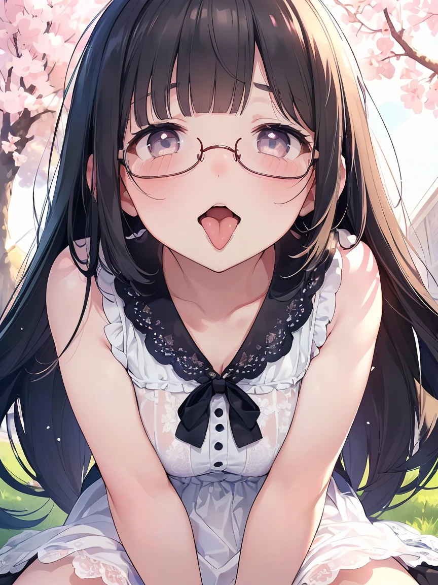 Very detailed, highest quality, High resolution, Moe Anime, ((A cute elementary school girl with black hair and droopy eyes)), ((Wearing large round glasses:1.4)), (Baby Face), Cute eyes, Detailed eye depiction, Sparkle in the eyes, View your viewers, Dark eye color, Pale skin, (Big eyes:1.4, Droopy eyes:1.4, Fatty face:1.4), smile, Focus on the face, In the park with cherry blossoms falling, Sitting, (Extreme close up of tongue), (((From below))), Open your mouth, (((Face only:1.3))), ((white lace sleeveless dress:1.2)), Bright Eyes, Light from the front, (Put your hands between your legs:1.4), large and long tongue, Cleavage