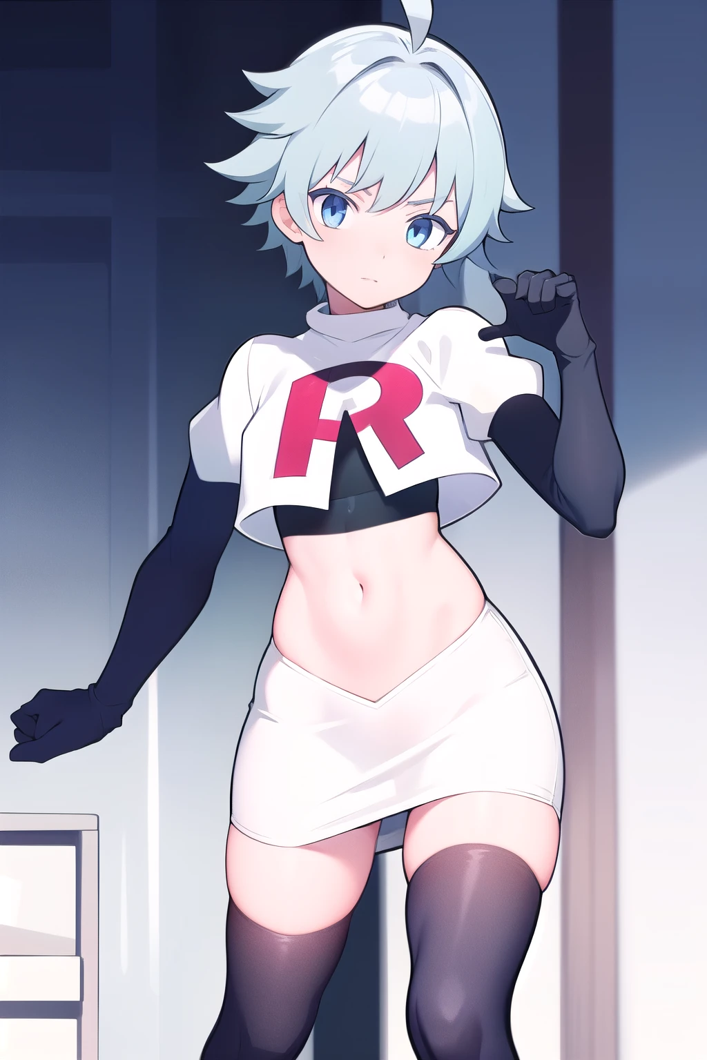 masterpiece, absurdres, male focus, trap, crossdressing,1boy,  chongyun,light blue hair, ahoge,blue eyes, team rocket,team rocket uniform,white skirt,red letter R,crop top,black thigh-highs,black elbow gloves