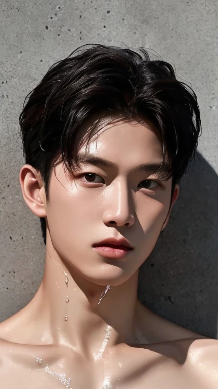 Song Kang, portrait, wet body and face, advertise concept, confident, vogue magazine cover concept, shirtless, studio nature photo, grey wall