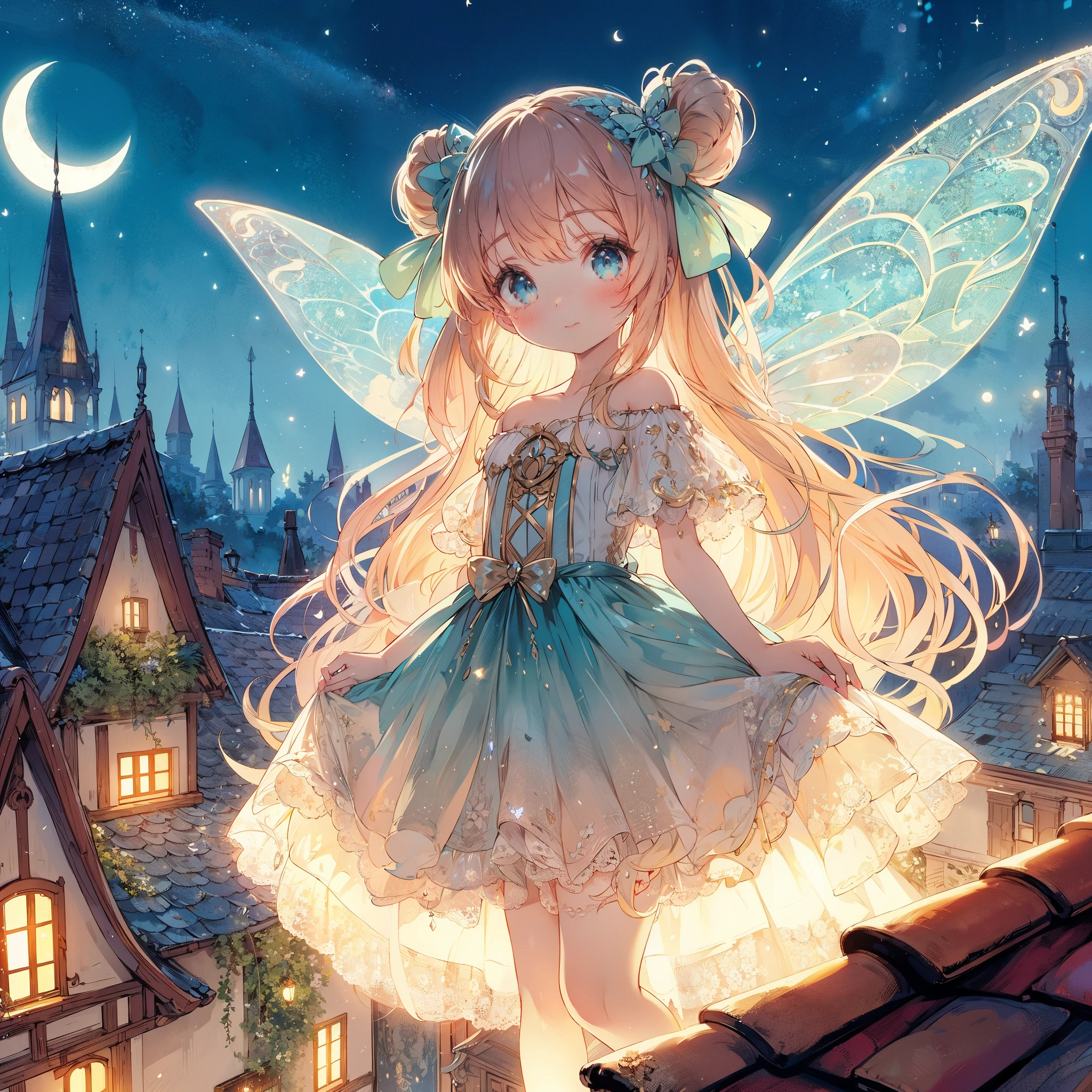 (highest quality, Very detailed, beautiful, Exquisite, 16k, Full HD), Crescent Moon Night、On the roof of a house in an old European town, a beautiful, young fairy princess with butterfly-like wings is looking elegantly at the moon on a beautiful dark moonlit night, Smile in ecstasy.,A beautiful large crescent moon, performer, shooting performer and shooting performer,(She has beautiful, Transparent fairy wings growing from his back、Wearing a tiara, Earrings and chokers.), She is wearing a beautiful black and silver ball gown dress decorated with jewels, ribbon, Ruffles and lace, and has beautiful fairy shoes.,(Her cheeks are a pale pink, beautiful silver hair, Plump pink lips, Fair skin, Large bust, And a nice body.),Vivid and striking colors,From a short distance,A dreamy and cute atmosphere