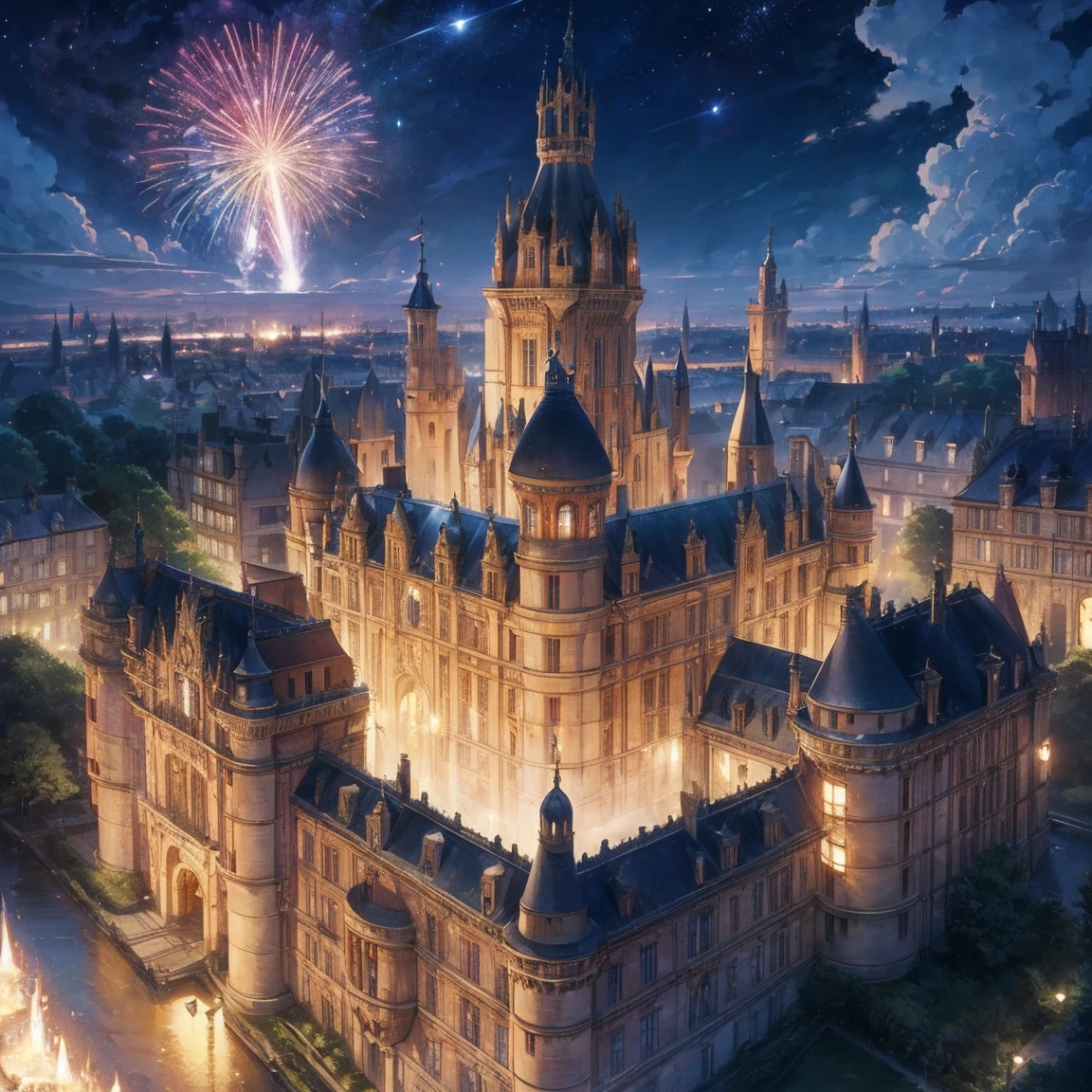 (Beautiful simmiliar, ghibli style, 8K), beauty and the beast, castle, Chateau de Chambord, background, enviorement, Dramatic, hayao miyazaki, studio ghibli, anime, best Lightning, best enviorement, Chateau de Chambord