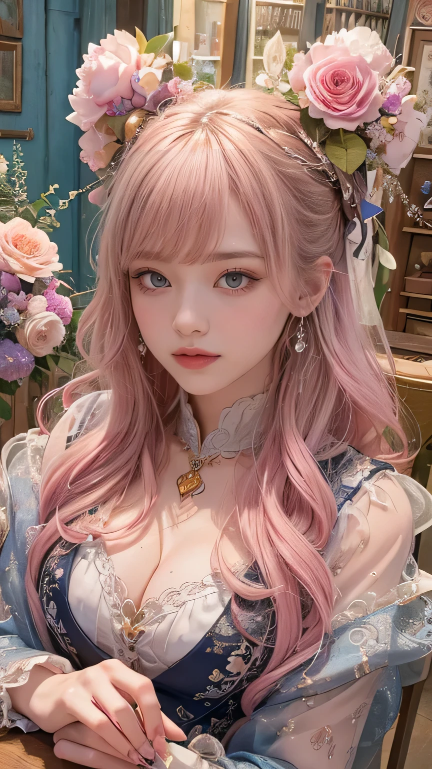 (Tabletop, highest quality, highest quality, Official Art, beautifully、aesthetic:1.2), (1 fantasy girl), Very detailed, Glamorous Jewelry, Long, shapeless hair, (Fractal Art:1.3),colorful,Highest detail.Express in the form of a heart、Heart shaped ornament、Use a lot of heart shapes、Use a lot of heart shapes in the background、Use a lot of pink、Use a lot of flowers