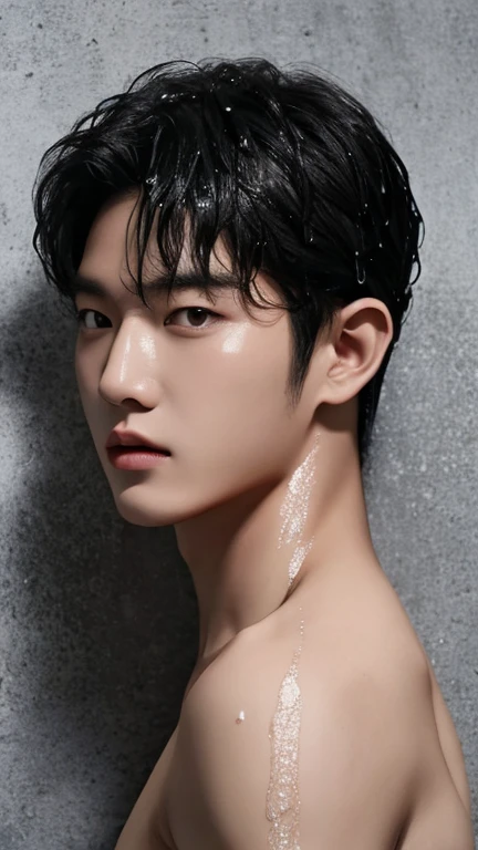 jungkook fight til the end, portrait, wet body by Sweat and white sperm, hair and face, advertise concept, confident, vogue magazine cover concept, shirtless, studio nature photo, grey wall, Wounded face due to a cut, with red blood face, sensual lips with blood and injury eyes