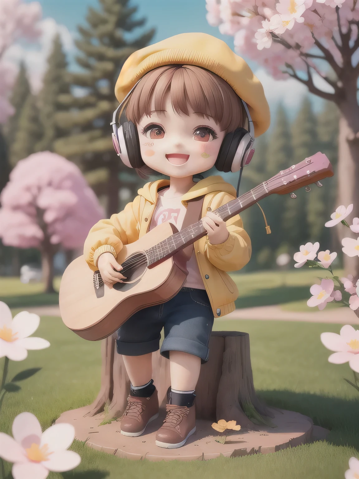 (masterpiece),(best quality),(ultra-detailed), (full body:1.2),
1boy,chibi,cute, smile, open mouth,
flower, outdoors, playing guitar, music, beret, holding guitar, jacket, blush, tree, :3, shirt, short hair, cherry blossoms, yellow headwear, blurry, brown hair, blush stickers, long sleeves, bangs, headphones, black hair, pink flower,
(beautiful detailed face), (beautiful detailed eyes),
 