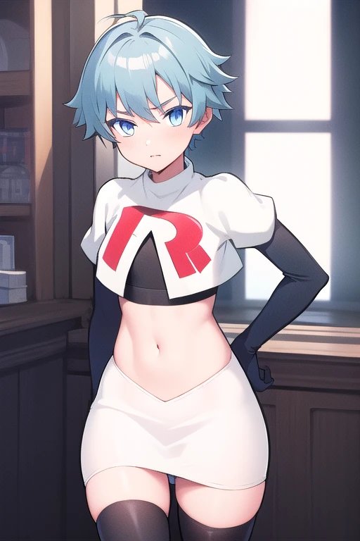 masterpiece, absurdres, male focus, trap, crossdressing,1boy,  chongyun,light blue hair, ahoge,blue eyes, team rocket,team rocket uniform,white skirt,red letter R,crop top,black thigh-highs,black elbow gloves