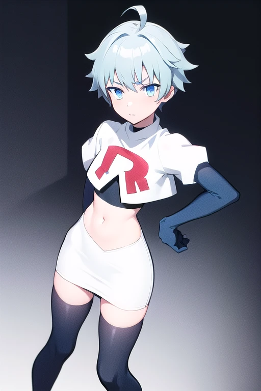 masterpiece, absurdres, male focus, trap, crossdressing,1boy,  chongyun,light blue hair, ahoge,blue eyes, team rocket,team rocket uniform,white skirt,red letter R,crop top,black thigh-highs,black elbow gloves