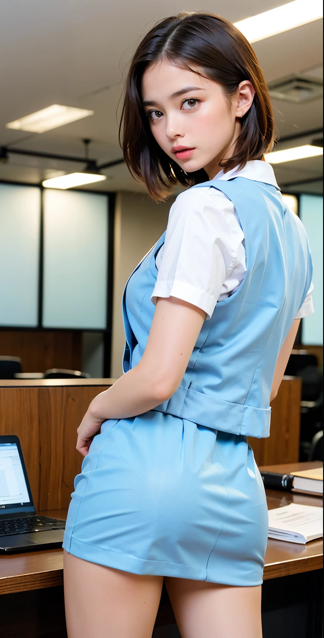 (medium shot), (backshots:1.3, Inside office:1.5), highest quality, Very detailed, In detail, High resolution, 8k wallpaper, Beautiful fine details , classroom, Sexy Face, A face of ecstasy, The face at the peak of sexual arousal, Her facial expression when she feels that she is being caressed intensely, (Professional lighting, light on face), ((one girl)), sexy buttocks:1.5, perfect slim body, ((blonde hair, bob hair, short hair, semi long hair, hair sidelocks)), office uniform, office vest, micro mini skirt, ((Pastel blue uniform, Pastel blue skirt)), Looking at Viewer, from below,