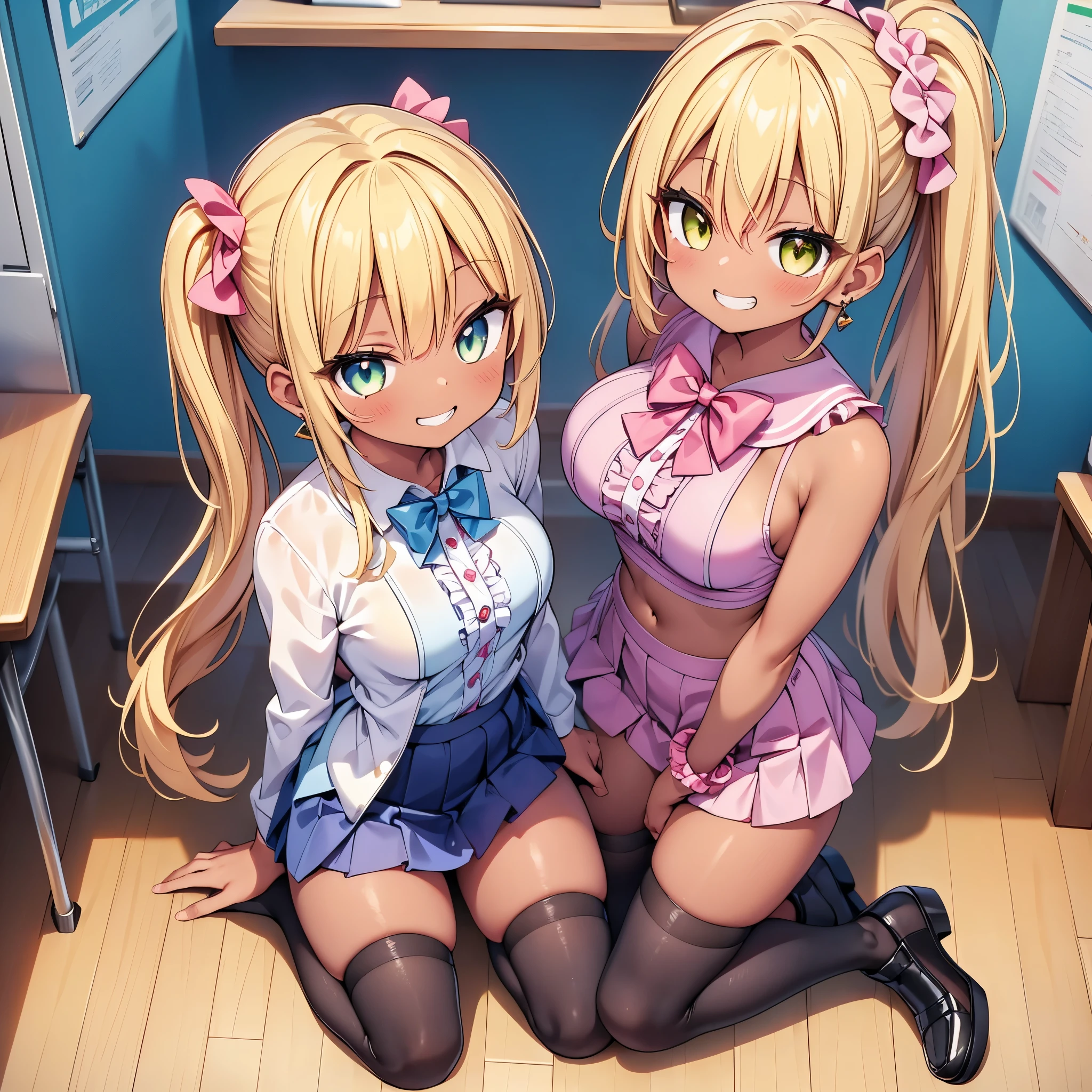 (cute eyes:1.2), (sparkling eyes:1.2), (8K、Best image quality、highest quality、masterpiece)、Detailed face、(2 girls)、Improve、((Brown Skin:1.3))、blonde、Low Ponytail、Scrunchie、Yellow Eyes、Earrings、Wicked Smile、((Grin))、(skinny body:1.3), (midium breasts), (magical pink girl outfit,frill mini skirt:1.1), (Open clothes:1.1), Sit on a chair、whole body、Taken from above、Classroom Background、 (black stockings:1.1), (Thighs), (Waistline)