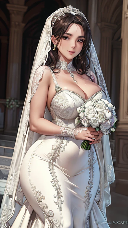 (best quality, 8k, 32k, masterpiece, Ultra HD:1.2), Beautiful bride, Similar to Audrey Hepburn, (Beautifully detailed wedding dresses and veils:1.5), (Holding a bouquet:1.5), Symmetrical face, Looking at the audience awkwardly, Just a smile, Standing in the church, cinematic lighting 8k wallpaper, best quality,((Mature female , Large Breasts,Sagging breasts、Cleavage, cleveage、Thick thighs, Wide hips, Curvy beauty, Perfect body) 