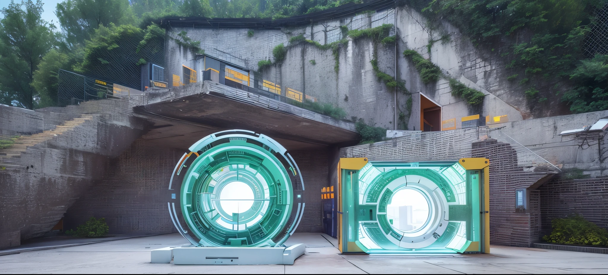 C4D, 3D rendering, design drawing of square space station with "Junbaoqian" in the upper left corner, metal texture, yellow border, orange lines for the design of the door frame and floor plan. The door is a front view. No other elements such as windows or stairs are allowed inside the door frame. Mechanical-industrial style.
