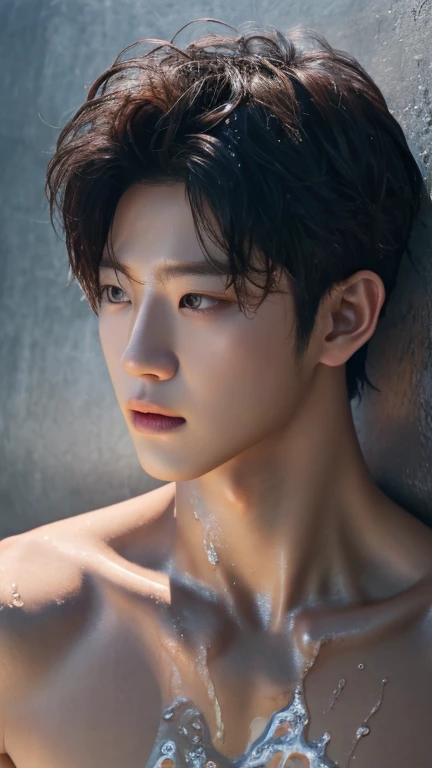 Park Hyung-sik, portrait, wet body and face, advertise concept, confident, vogue magazine cover concept, shirtless, studio nature photo, grey wall