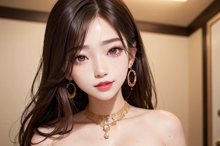 (((from below))),((((upper body shot)))),((((nude)))),((((nipples)))),(((sagging breasts))),Ultra-high resolution,big eyes,Japanese,(forehead),(a girl),(1 girl),((baby face)),((lolita)),((12 years old)),((cute)),pretty,earring,((facing at viewer)),necklace,((long hair)),(gold hair accessories),((((black body lace))))