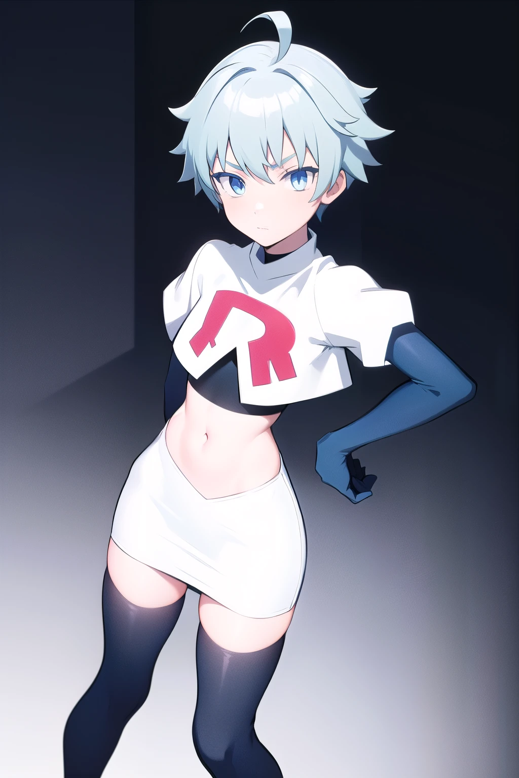 masterpiece, absurdres, male focus, trap, crossdressing,1boy,  chongyun,light blue hair, ahoge,blue eyes, team rocket,team rocket uniform,white skirt,red letter R,crop top,black thigh-highs,black elbow gloves