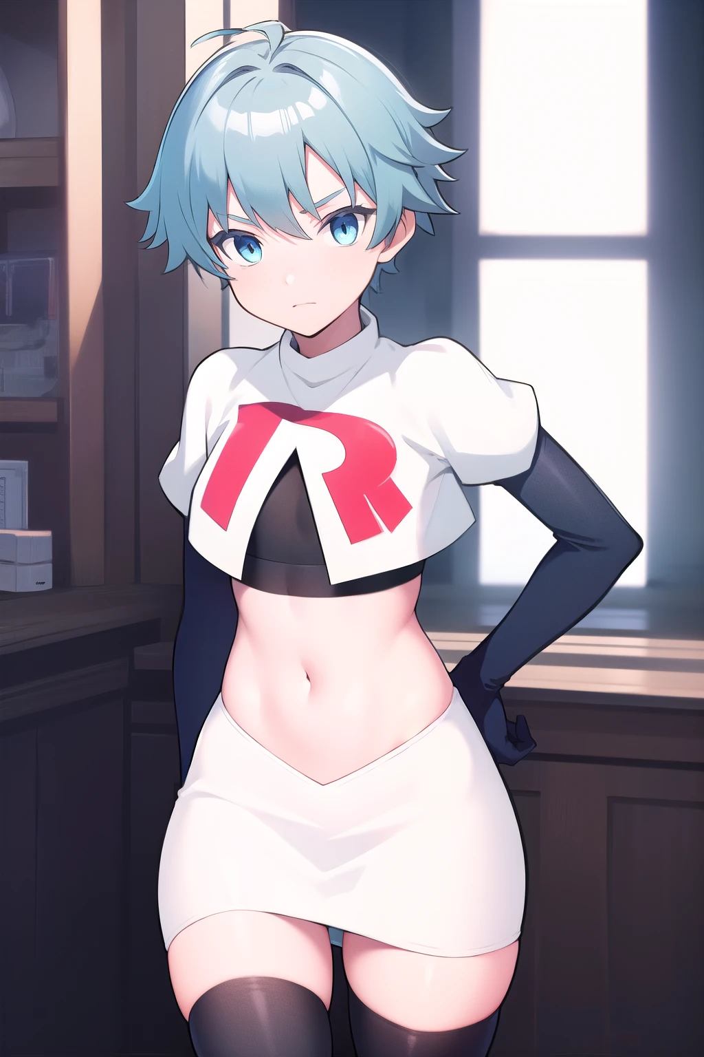 masterpiece, absurdres, male focus, trap, crossdressing,1boy,  chongyun,light blue hair, ahoge,blue eyes, team rocket,team rocket uniform,white skirt,red letter R,crop top,black thigh-highs,black elbow gloves