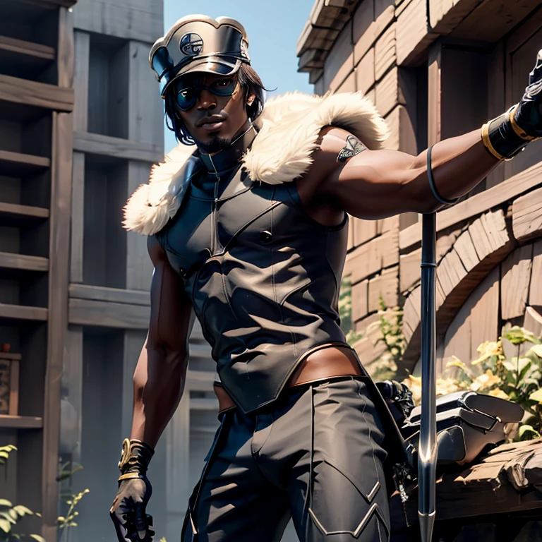 Dark skinned man with a stylish fur cloth and with an eye patch pointing an simple energy crossbow while looking dead serious 