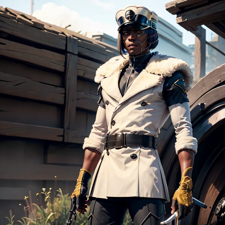 Dark skinned man with a stylish fur cloth and with an eye patch pointing an simple energy crossbow while looking dead serious 