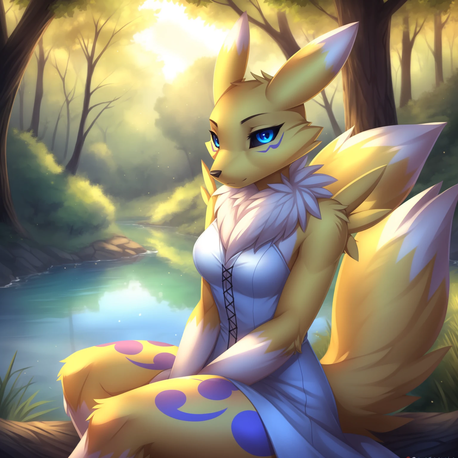 By zinfyuu on pixiv,by twistedscarlet60, uploaded on pixiv, by fluff-kevlar, (masterpiece), (best quality), (anthro furry:1.3, snout:1.2, anthro:1.3, furry:1.2, solo female:1.2), (extremely detailed:1.3), (green_detailed_eye), wearing white dress, sfw, forest, sitting, lake, nature beauty, view on viewer, renamon, very short hair, yellow hair