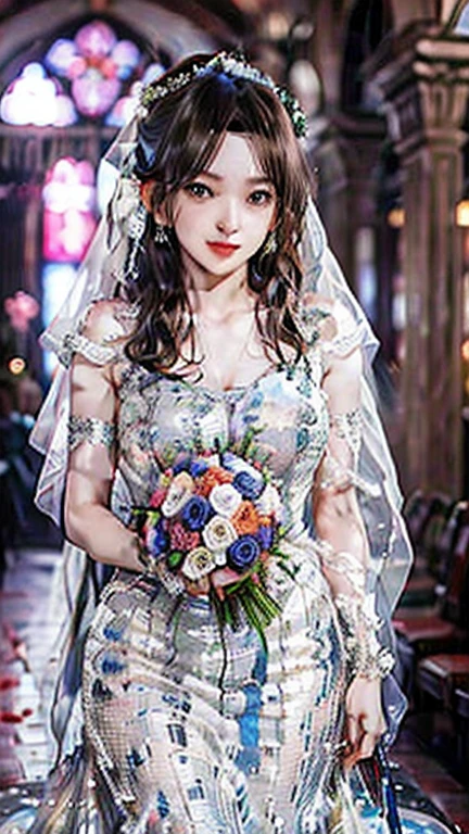 (best quality, 8k, 32k, masterpiece, Ultra HD:1.2), Beautiful bride, Similar to Audrey Hepburn, (Beautifully detailed wedding dresses and veils:1.5), (Holding a bouquet:1.5), Symmetrical face, Looking at the audience awkwardly, Just a smile, Standing in the church, cinematic lighting 8k wallpaper, best quality,((Mature female ,,Sagging breasts、Cleavage, cleveage、 Curvy beauty, Perfect body) 