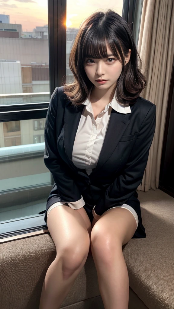 muste piece, best quality, illustration, Super detailed, fine details, High resolution, 8K,wall paper, perfect dynamic composition,(Details High quality, realistic depiction of eyes:1.3), short hair, (wavy hair:1.2), Office Lady, ,Suit,Collared shirt, Black Suit,Black jacket, huge breasts,  black hair color, Big Natural Color Lip, bold sexy pose, crying a little、cold gaze, Harajuku style、20 year old girl、cute type、lolita、beautiful legs, hotel room, full body photo、focus on crotch, hposing Gravure Idol, Sexy shot looking at camera, Sunset, by the window, Summer, make up, Curve