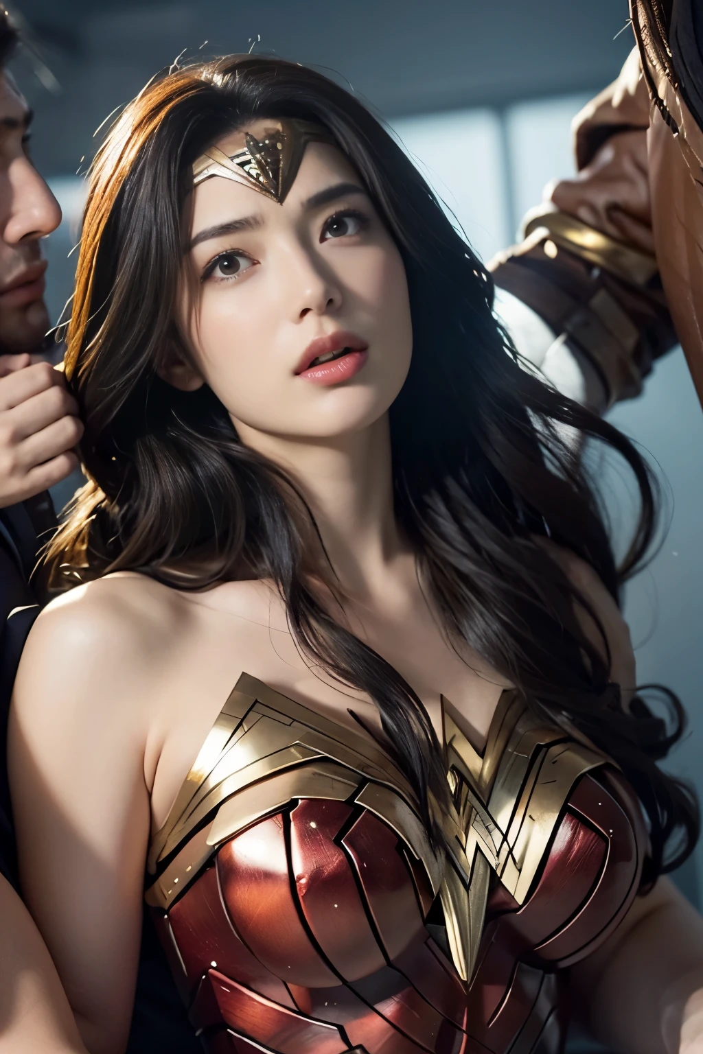 私はWonder Womanです、完璧なWonder Womanの衣装,Hug from the front,お姫様Hugged,Hugged,Being strangled,You can hold it,Leaning on the man,Hugged,Can be lifted,Men lick my face with their tongues,The guys lick my head with their tongues,Men lick my hair with their tongues,My body is licked by men,sleeping face,Close ~ eyes,Open your mouth,Tired face,Face of Suffering,sleeping face,Being slapped in the face,Getting punched in the face,Fighting with men,Fight with the men,Surrounded by men,,Caught between the men,Being held back by men,Entanglement with males, Attacked by men,Brown Hair, masterpiece、beautiful girl、fine 目、puffy eyes、highest quality, 超High resolution, (reality: 1.4), Cinema Lighting,so beautiful、Beautiful Skin、(超reality的な)、(High resolution)、(8k)、(Very detailed)、(beautiful and fine 目)、(Very detailed)、 Detailed face、Diagonal bangle hair、Brown Hair、20-year-old、Wonder Womanのコスプレ,Wonder Woman
